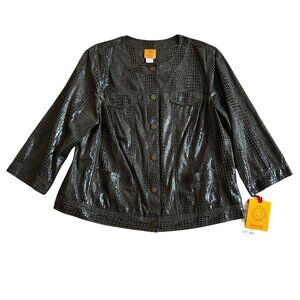 Ruby Rd. Womens Sz 16 W Black Croc-Embossed Button-Down Jacket 3/4 Sleeves